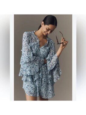 Anthropologie Ruffle Swing Floral Romper Tiered Mini Size LARGE
